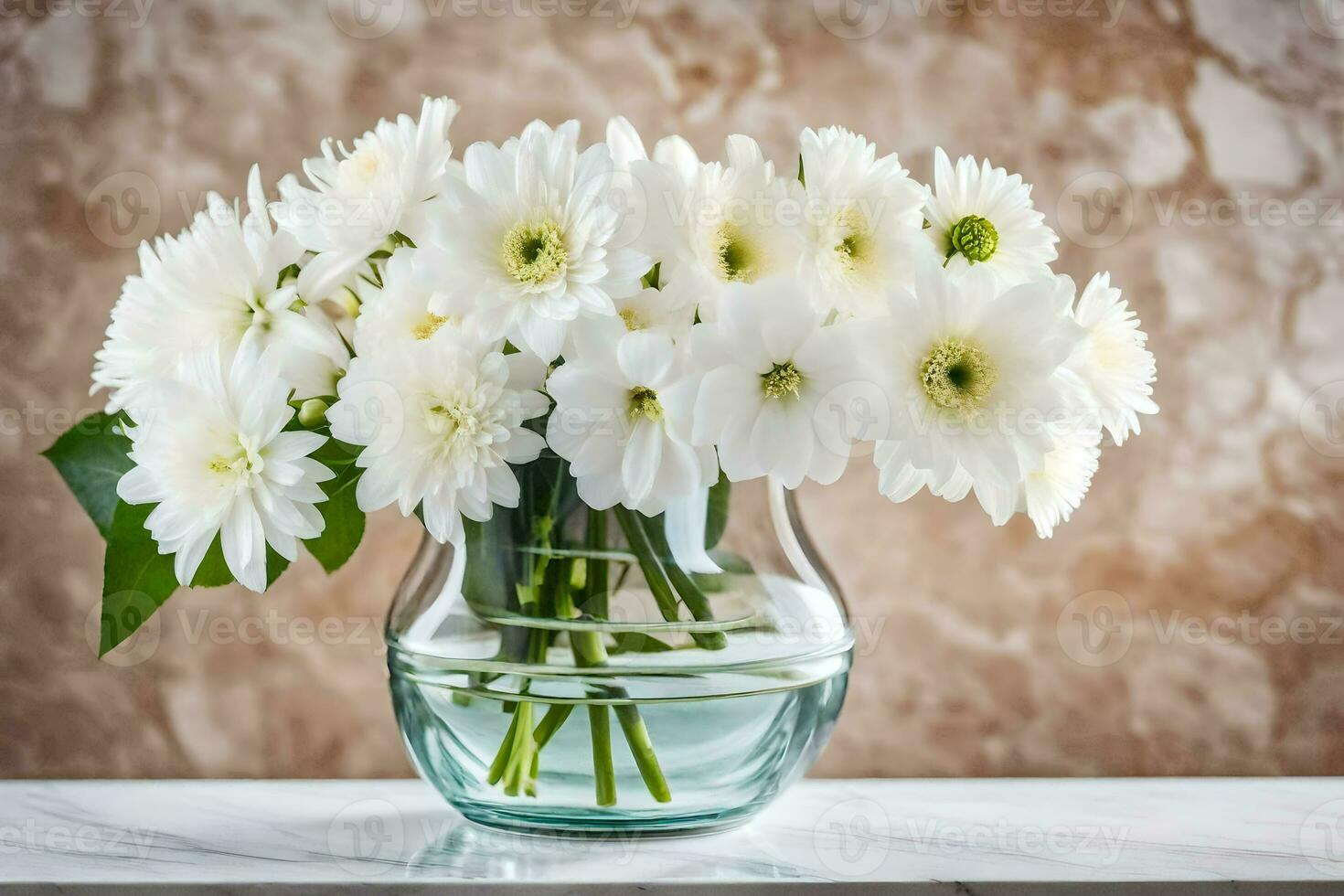 white flowers in a glass vase on a table. AI-Generated photo