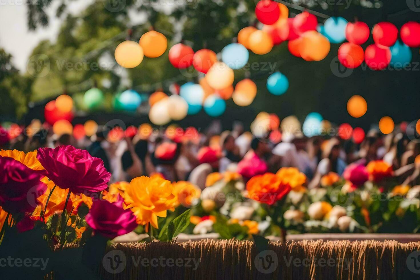 colorful flowers in a field with people in the background. AI-Generated photo