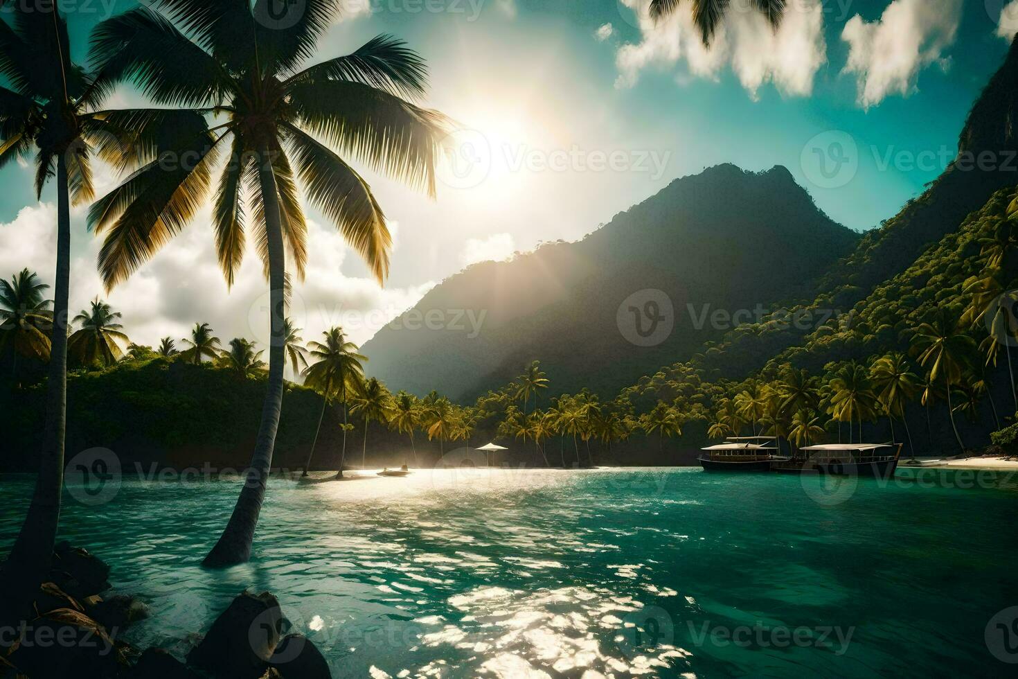 tropical island with palm trees and mountains. AI-Generated photo