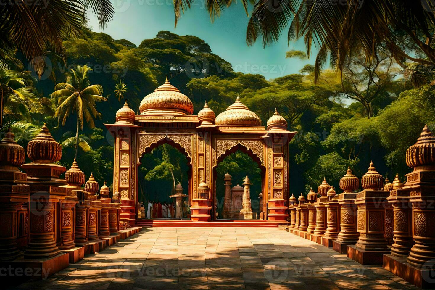 an archway in the middle of a park with palm trees. AI-Generated photo