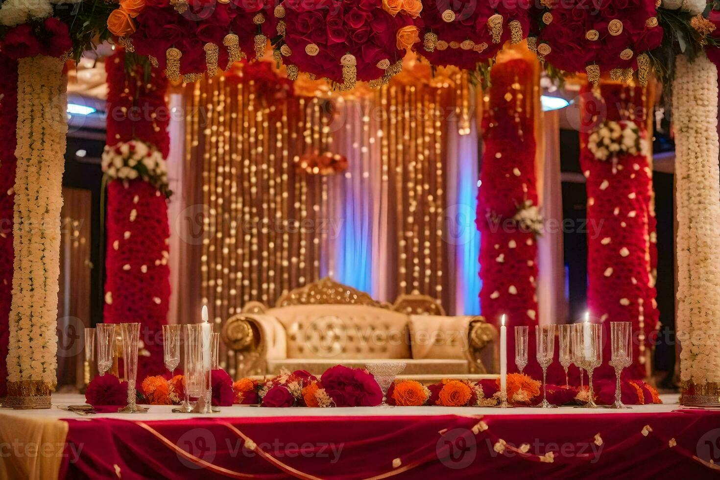 un indio Boda ceremonia con rojo y oro decoraciones generado por ai foto