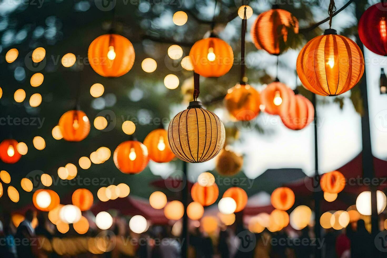 many colorful paper lanterns hanging from a tree. AIGenerated 30840960