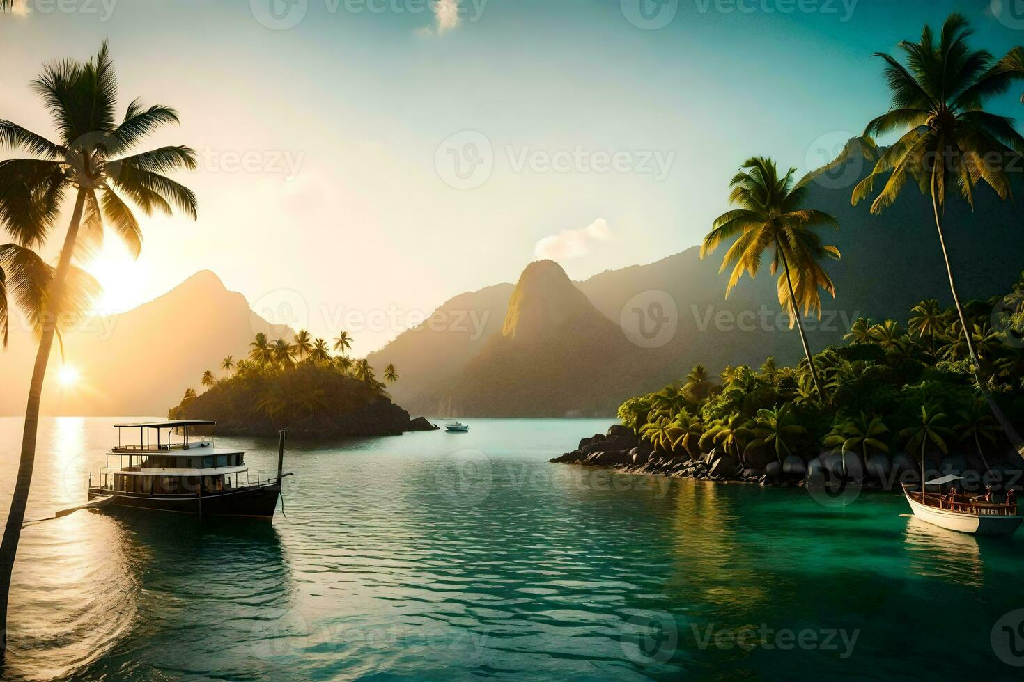 a boat in the ocean with palm trees and mountains. AI-Generated photo