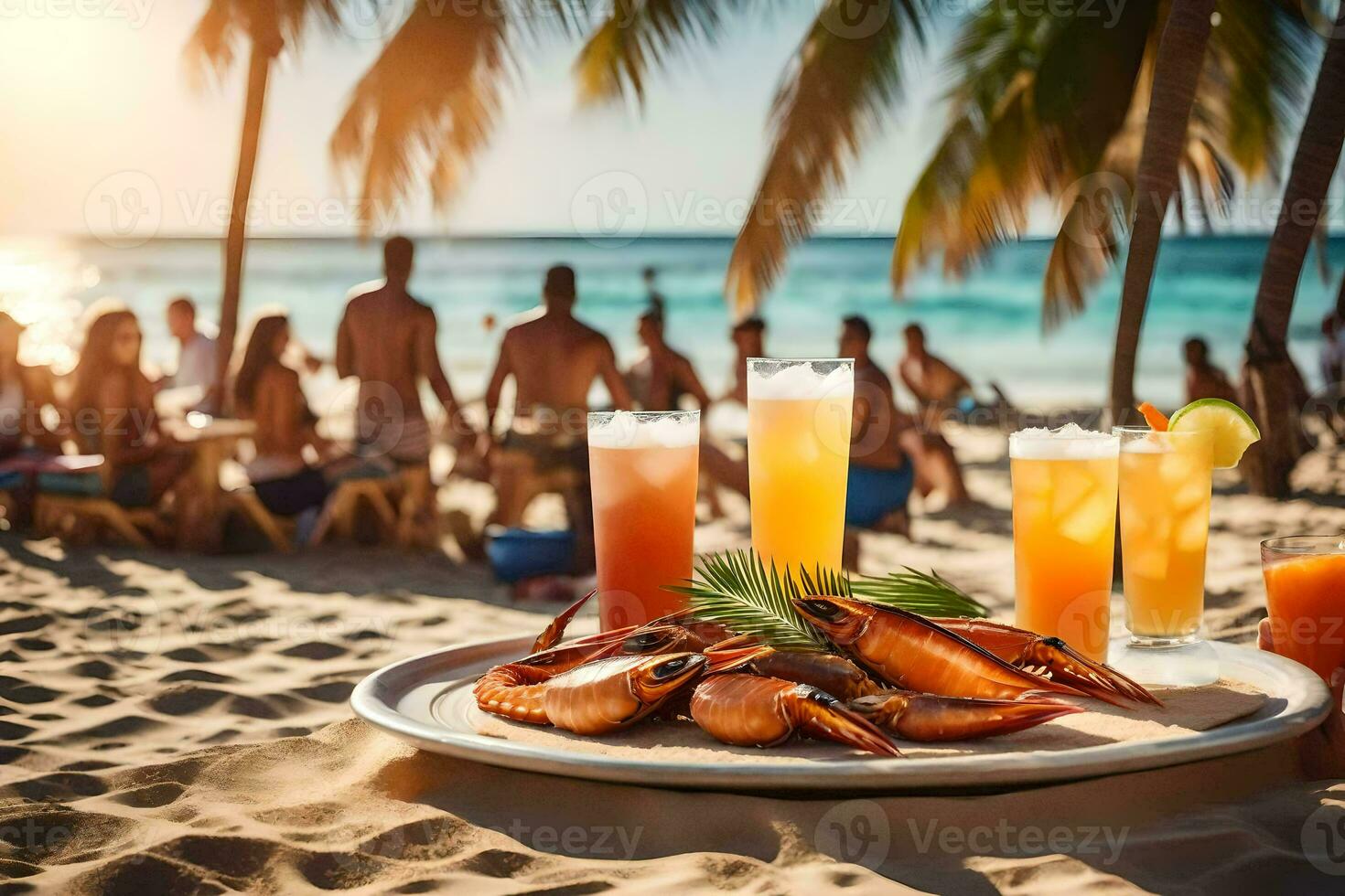 un plato de langosta y bebidas en el playa. generado por ai foto
