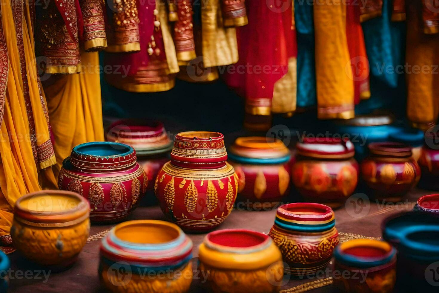 colorful pots and vases on display in a market. AI-Generated photo