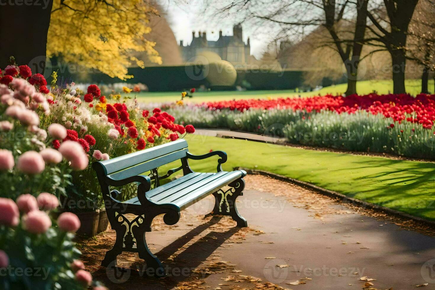a bench sits in front of a garden with flowers. AI-Generated photo