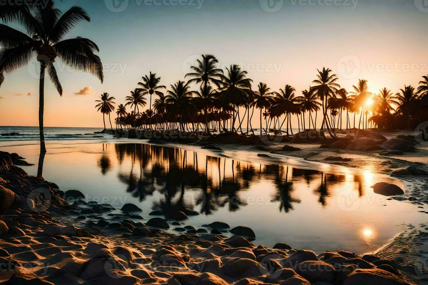 the sun sets over the beach and palm trees. AI-Generated photo