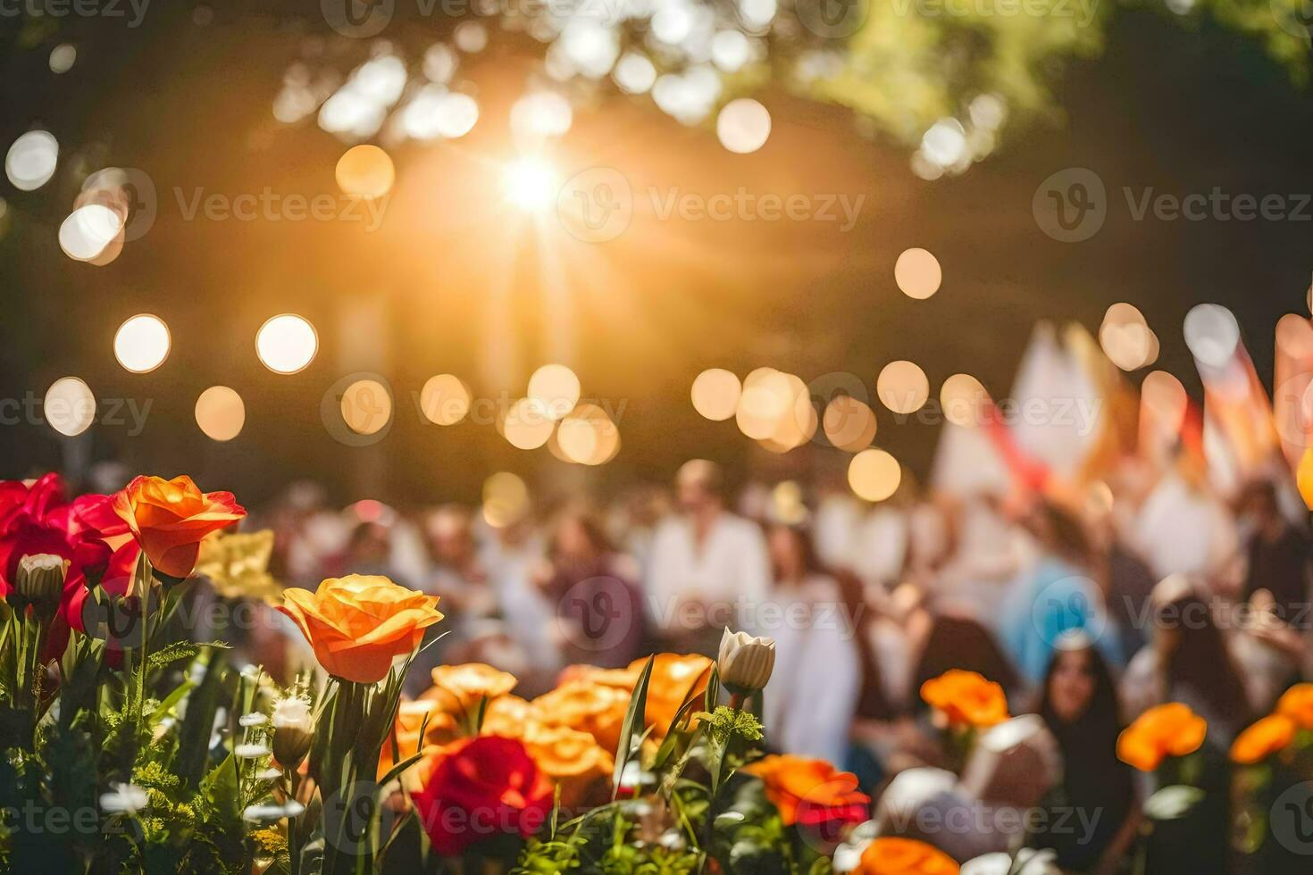 a group of people are standing in front of flowers. AI-Generated photo