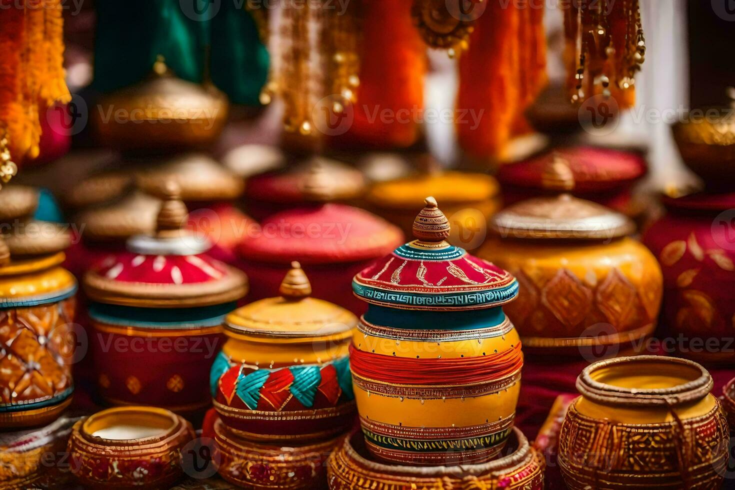 colorful pots and jars are displayed on a table. AI-Generated photo
