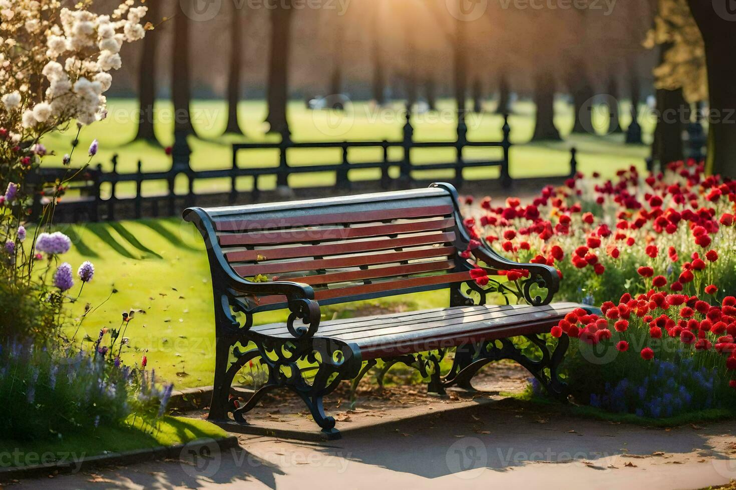 a bench in a park with flowers and trees. AI-Generated photo