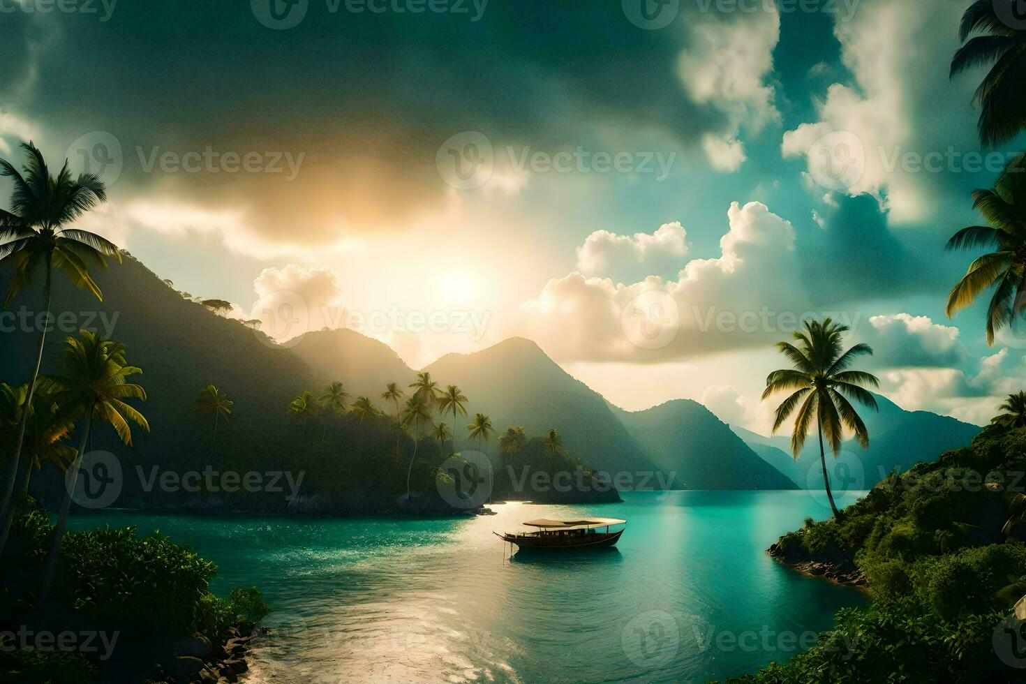 a boat is sailing on the ocean near a tropical island. AI-Generated photo