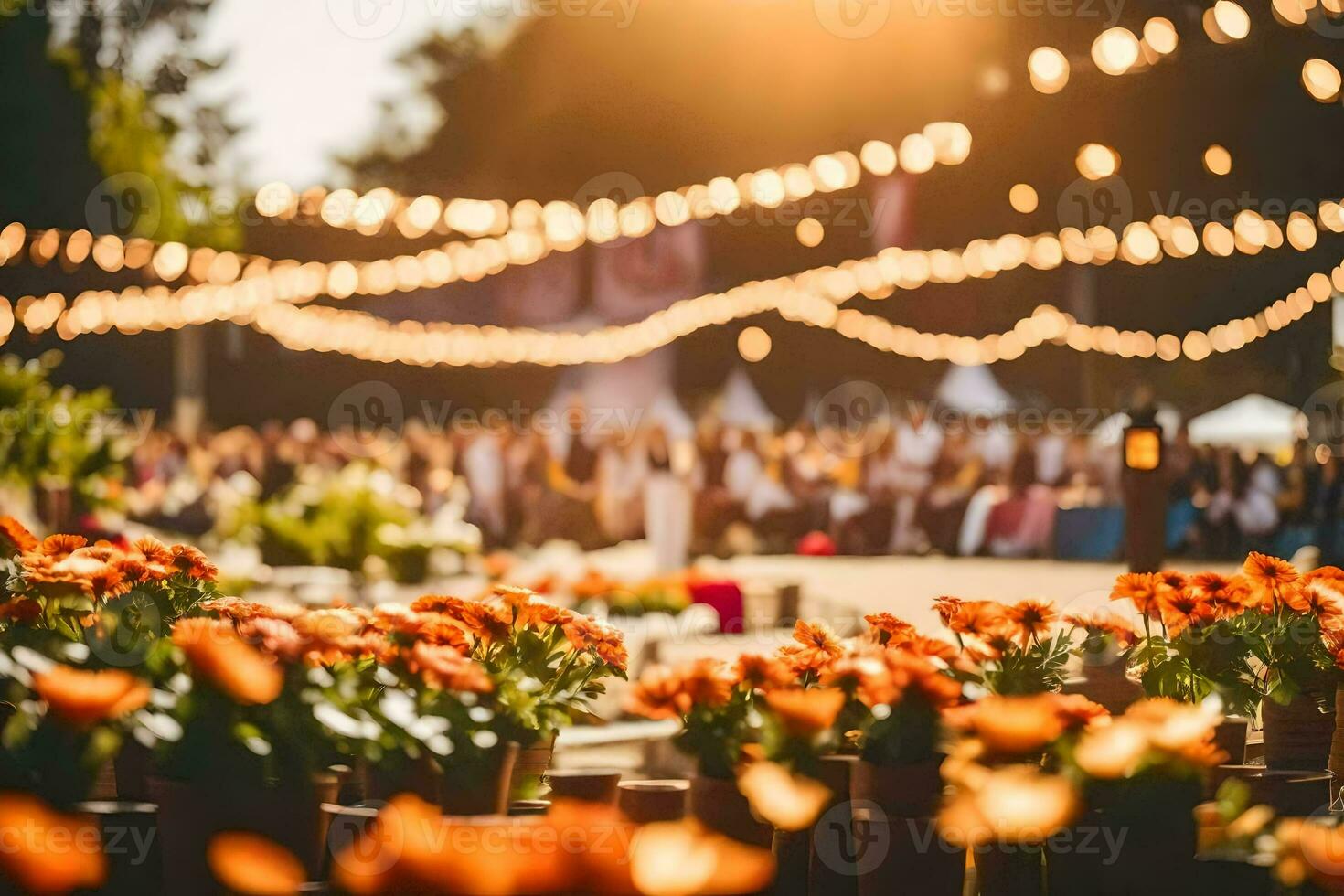 a large group of people at an outdoor wedding. AI-Generated photo