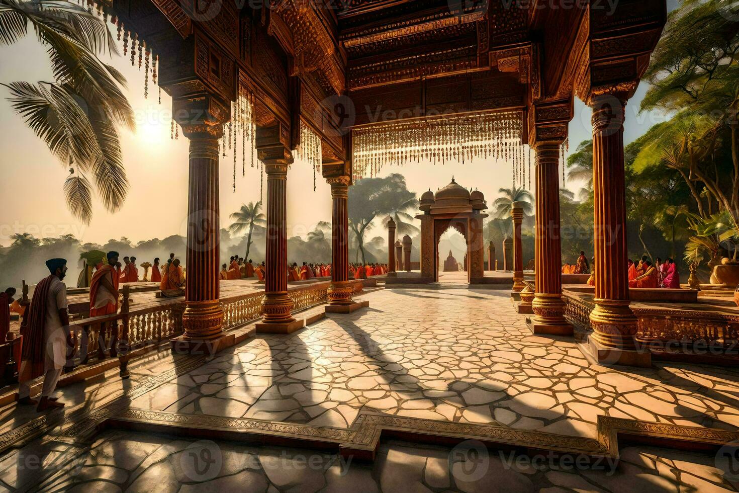 the sun is shining through the pillars of an ancient temple. AI-Generated photo