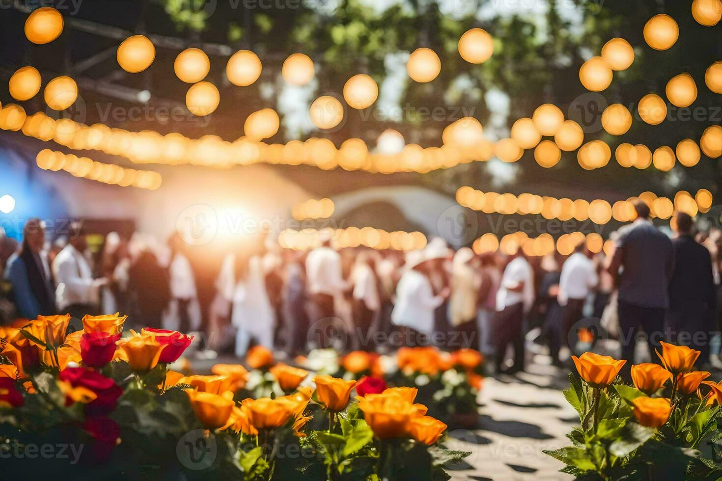 a crowd of people at a wedding reception with flowers. AI-Generated photo