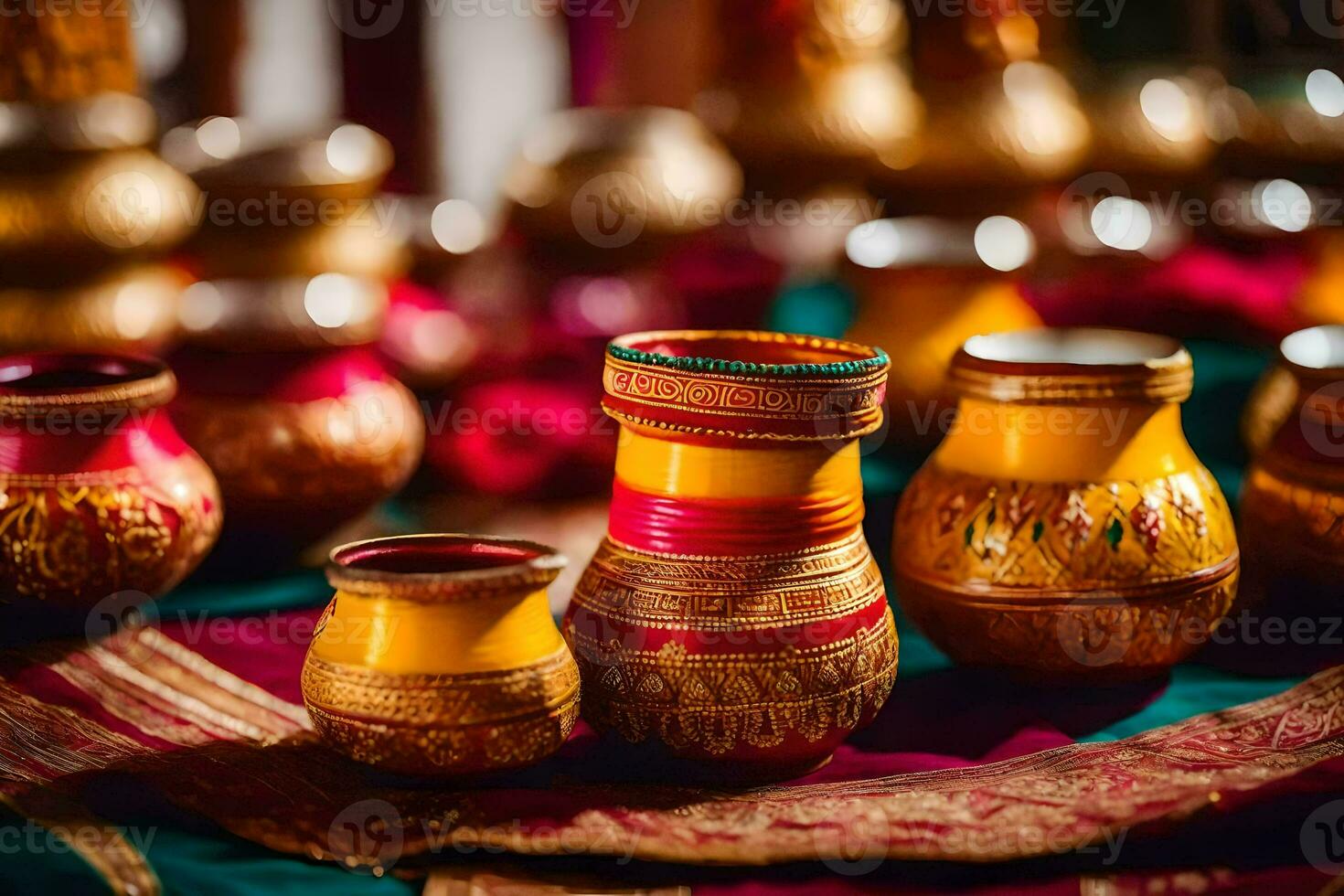 indian wedding decor with colorful vases. AI-Generated photo