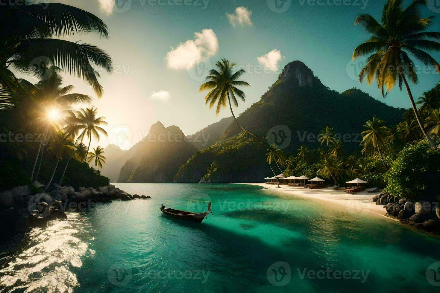 a tropical beach with palm trees and a boat. AI-Generated photo