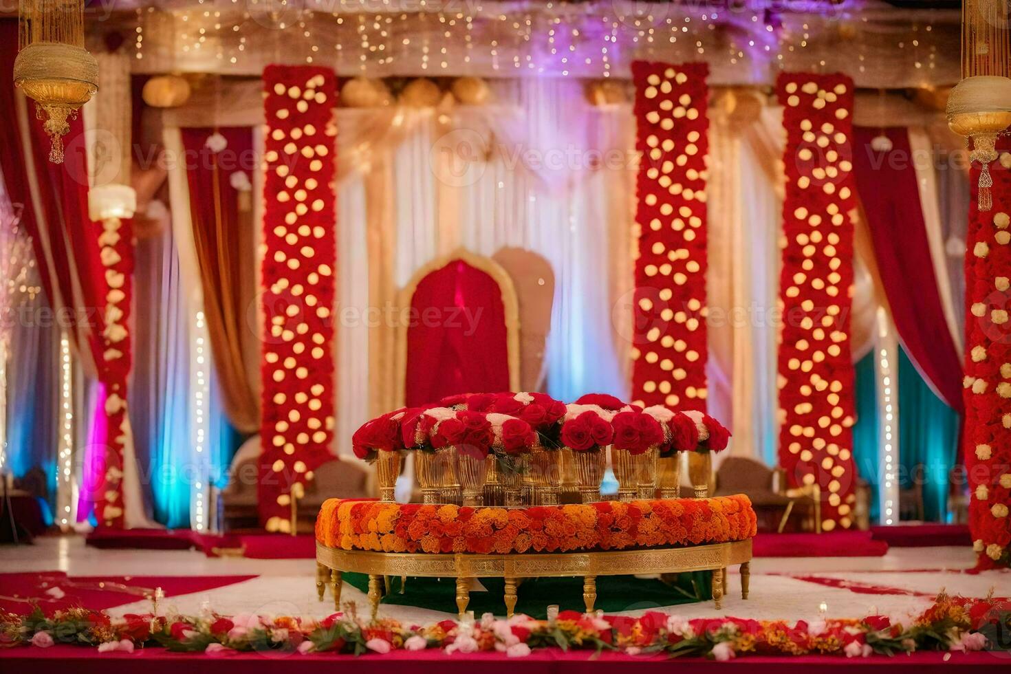 a wedding stage decorated with red and gold flowers. AI-Generated photo
