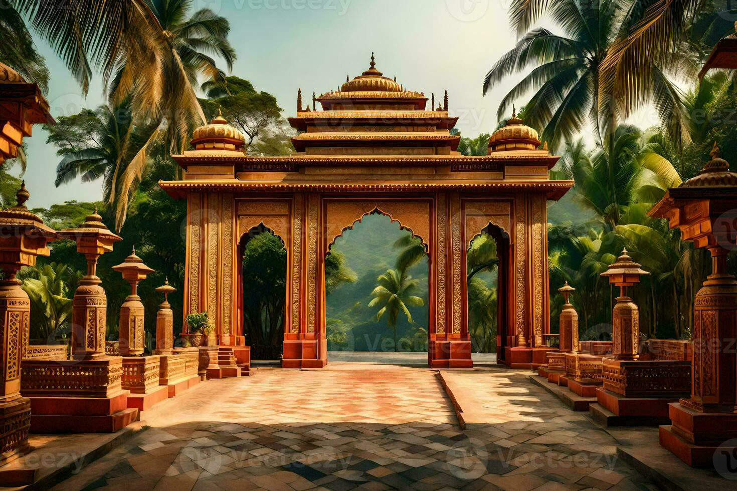 an ornate gate in the middle of a tropical park. AI-Generated photo