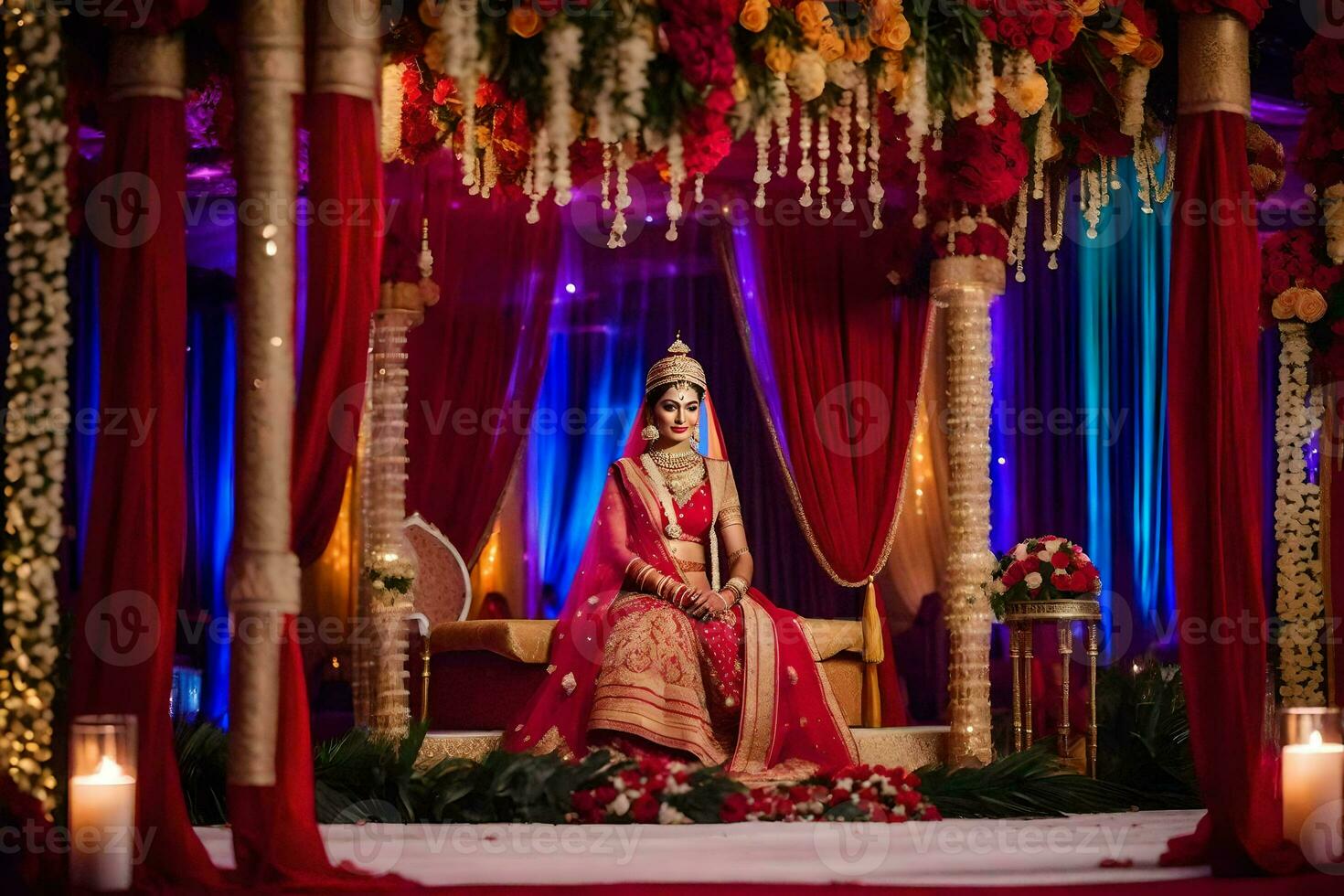 a bride sitting on a red and gold throne. AI-Generated photo