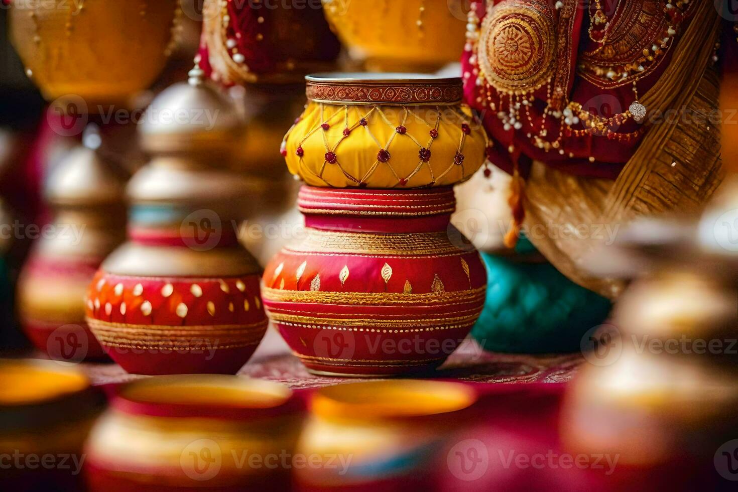many colorful pots and vases are on display. AI-Generated photo