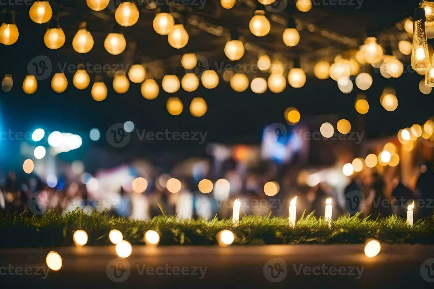 many candles are lit in the dark with a green lawn. AI-Generated photo