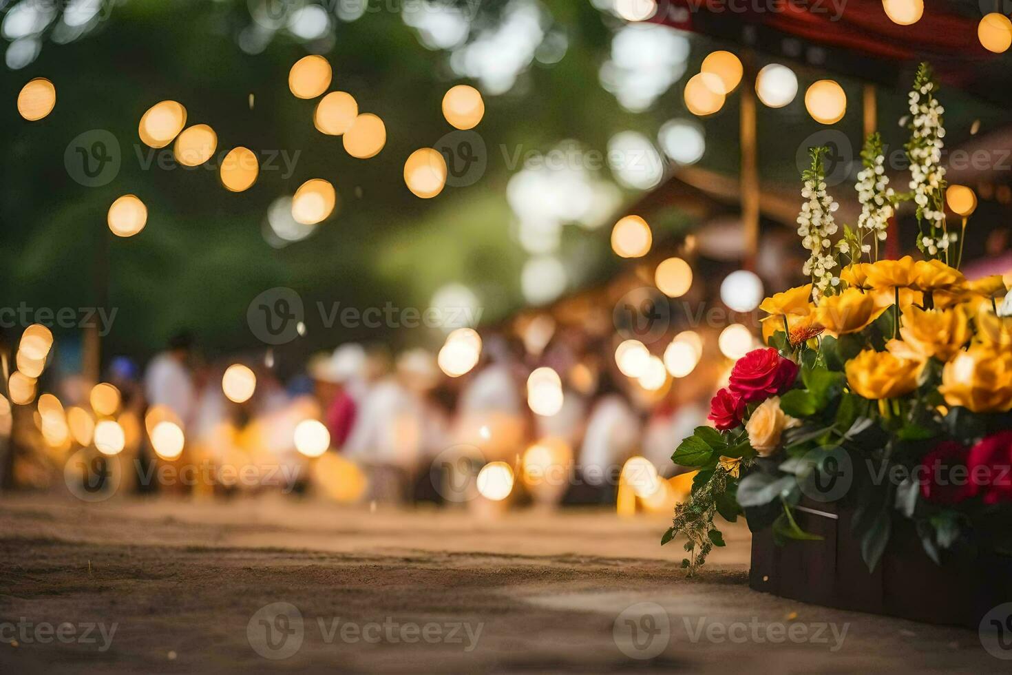 flowers and candles in a wooden box on the ground. AI-Generated photo