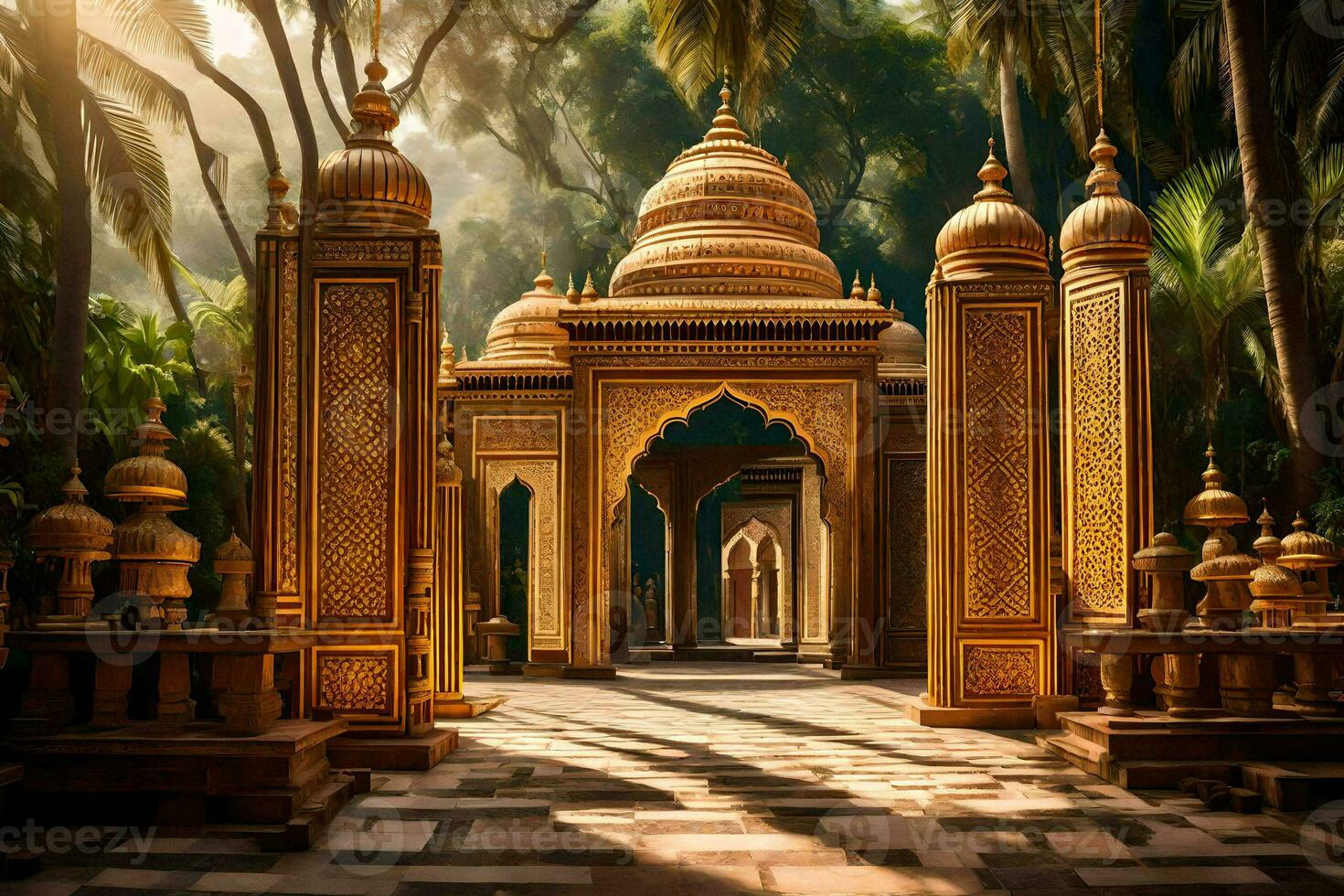 an ornate entrance to a temple in the middle of a jungle. AI-Generated photo