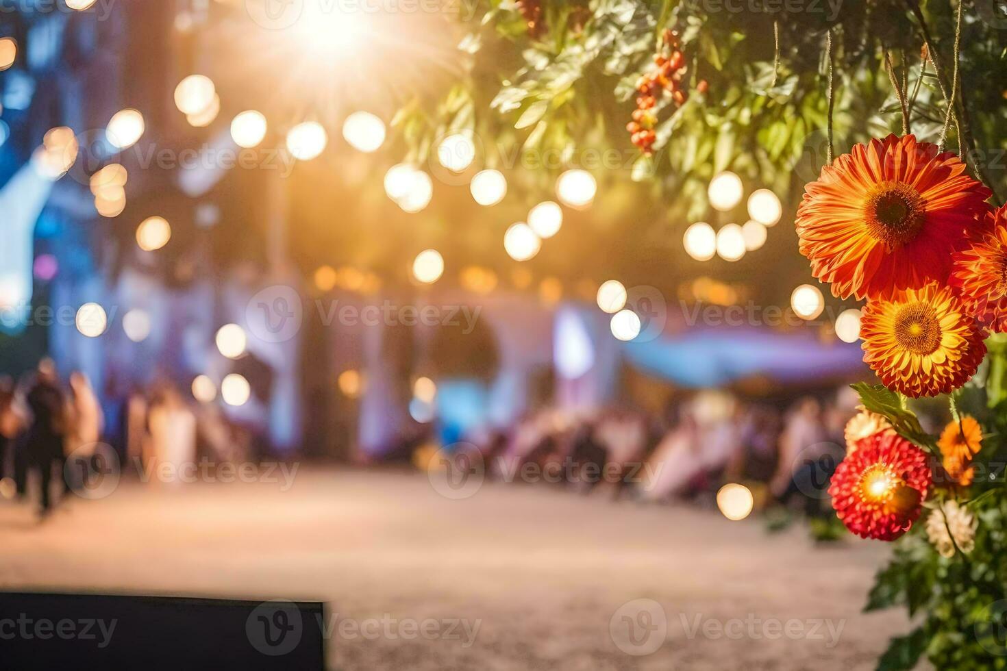 flowers are hanging from a tree in front of a crowd. AI-Generated photo