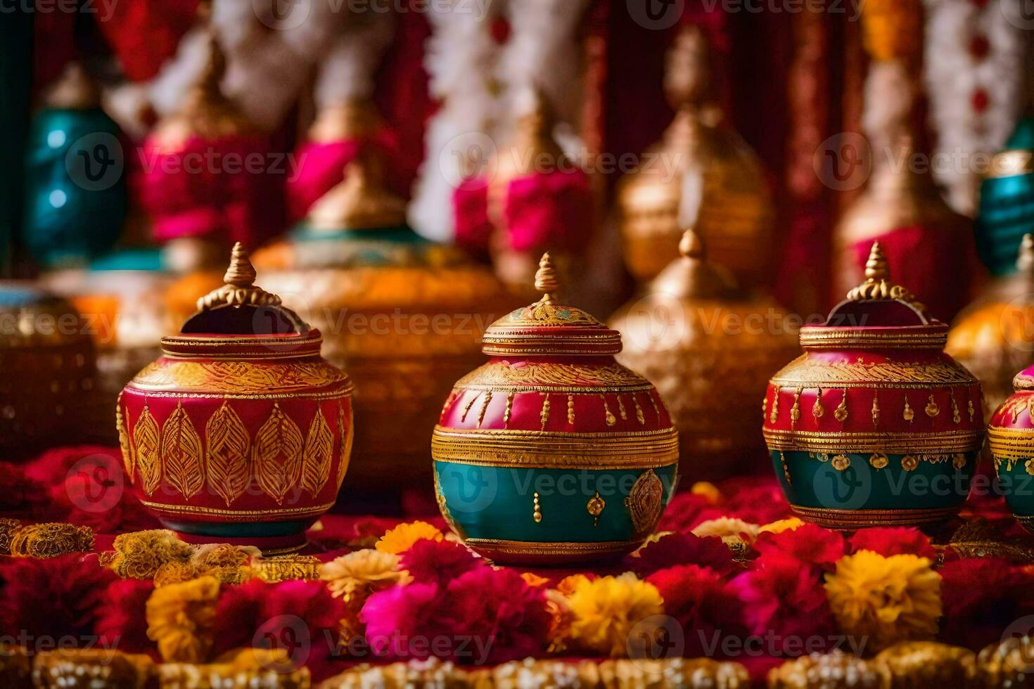 colorful pots and vases on a table with flowers. AI-Generated photo