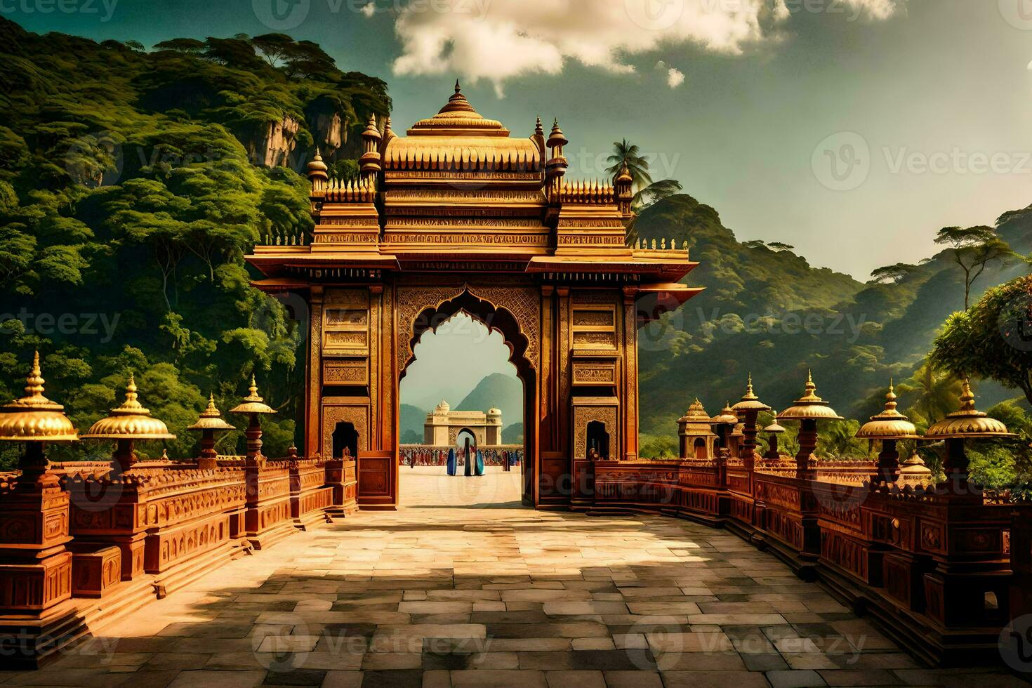 a beautiful temple in the mountains with a gate. AI-Generated photo