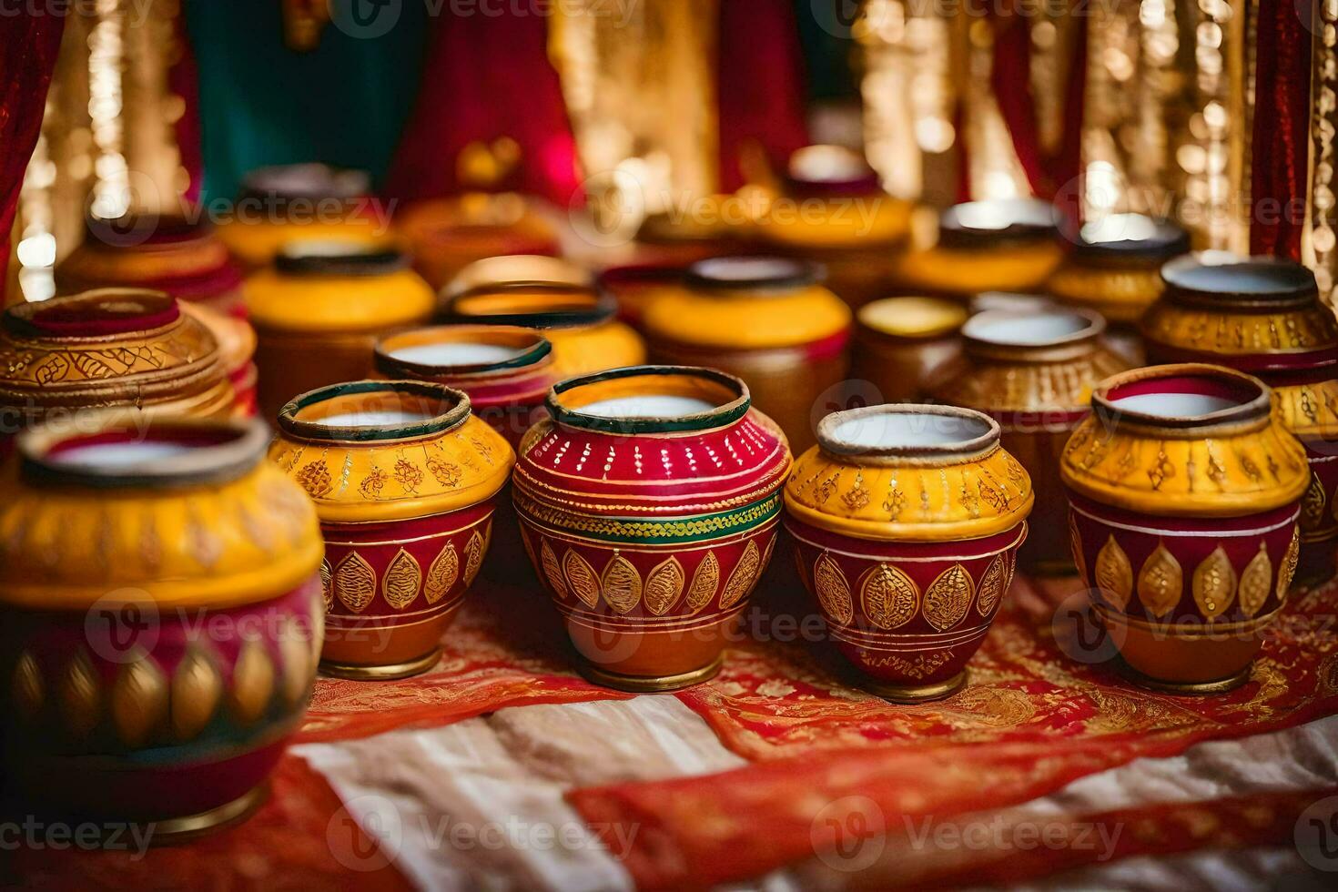 many colorful pots sitting on a table. AI-Generated photo