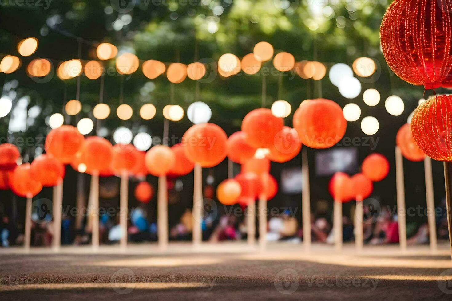 orange paper lanterns in the middle of a park. AI-Generated photo