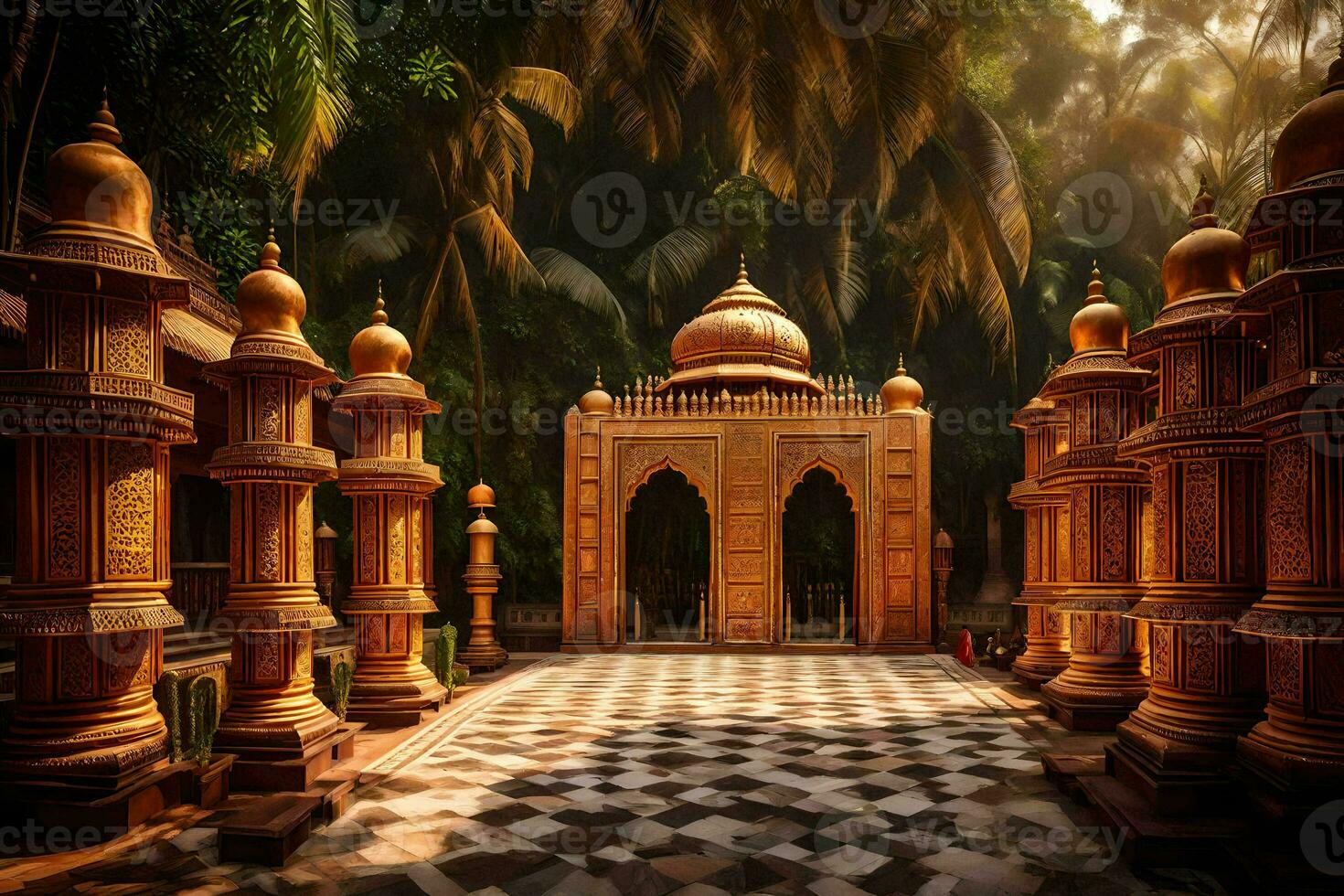 an ornate entrance to a temple in the jungle. AI-Generated photo