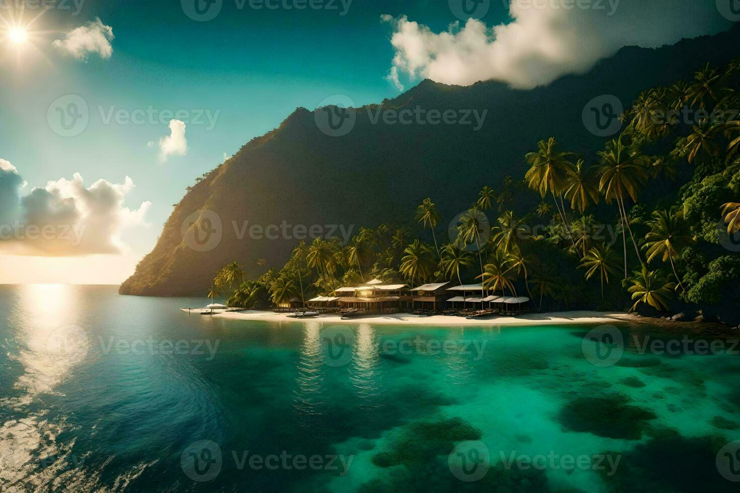 a tropical island with palm trees and a beach. AI-Generated photo