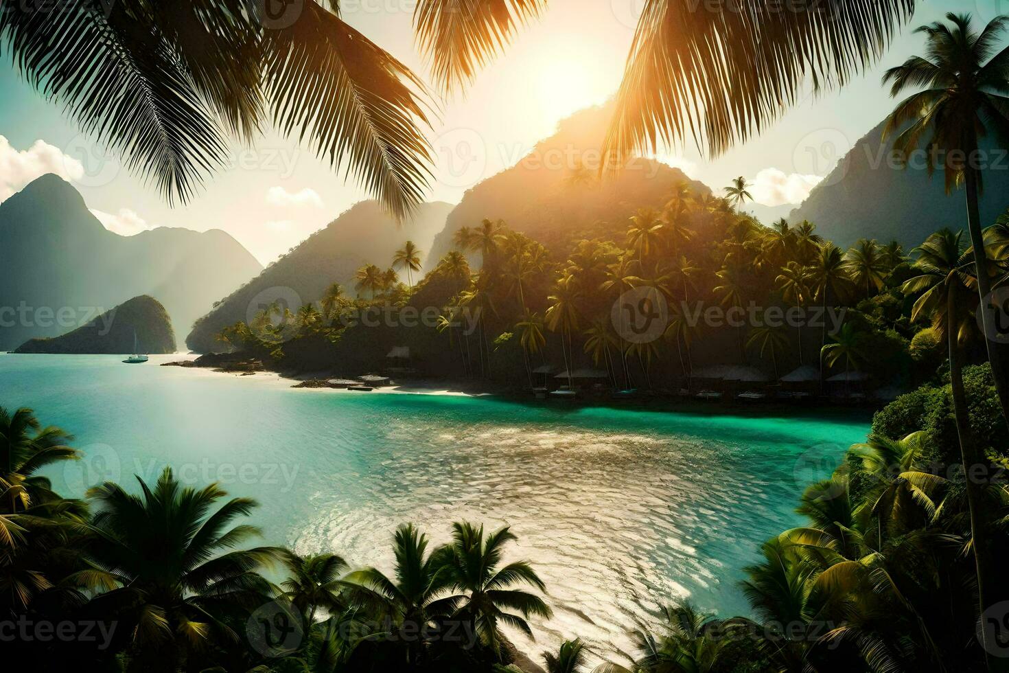 tropical island with palm trees and water. AI-Generated photo