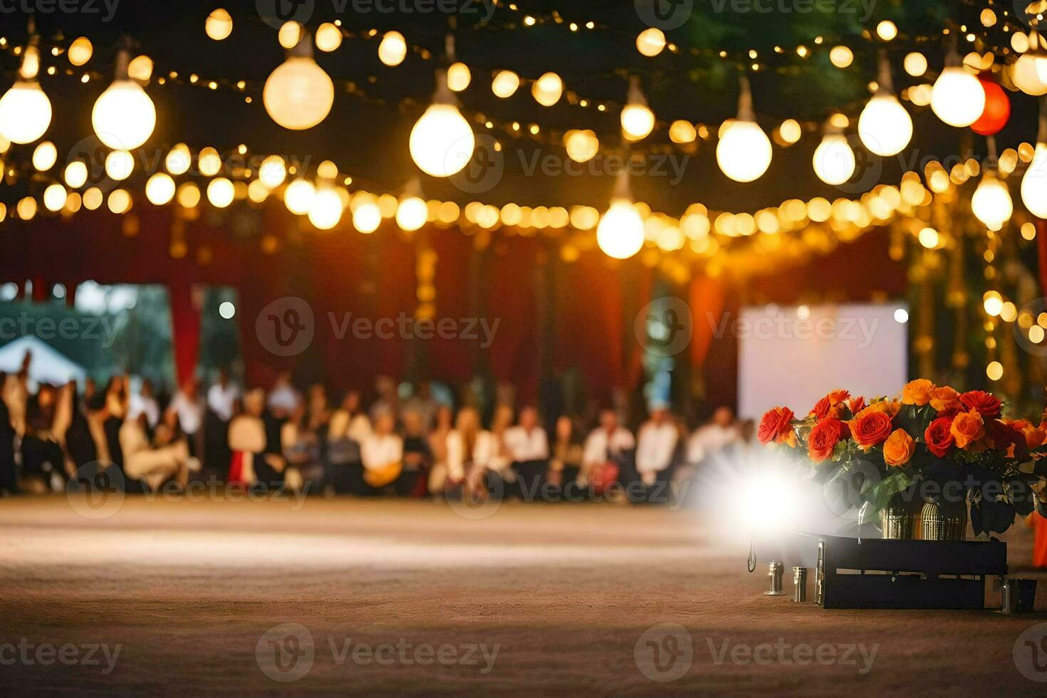 a large stage with lights and flowers. AI-Generated photo