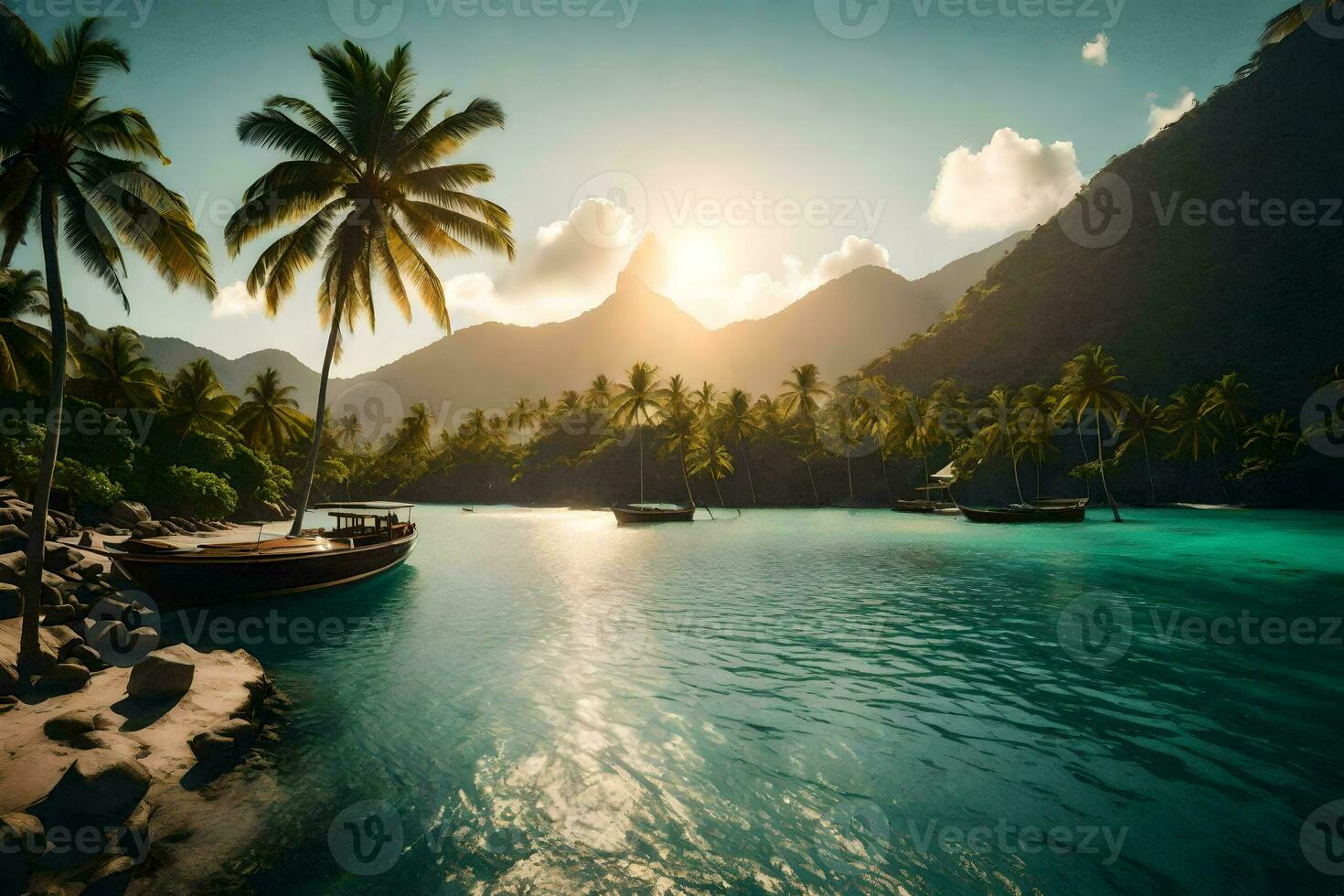 a tropical island with palm trees and boats. AI-Generated photo