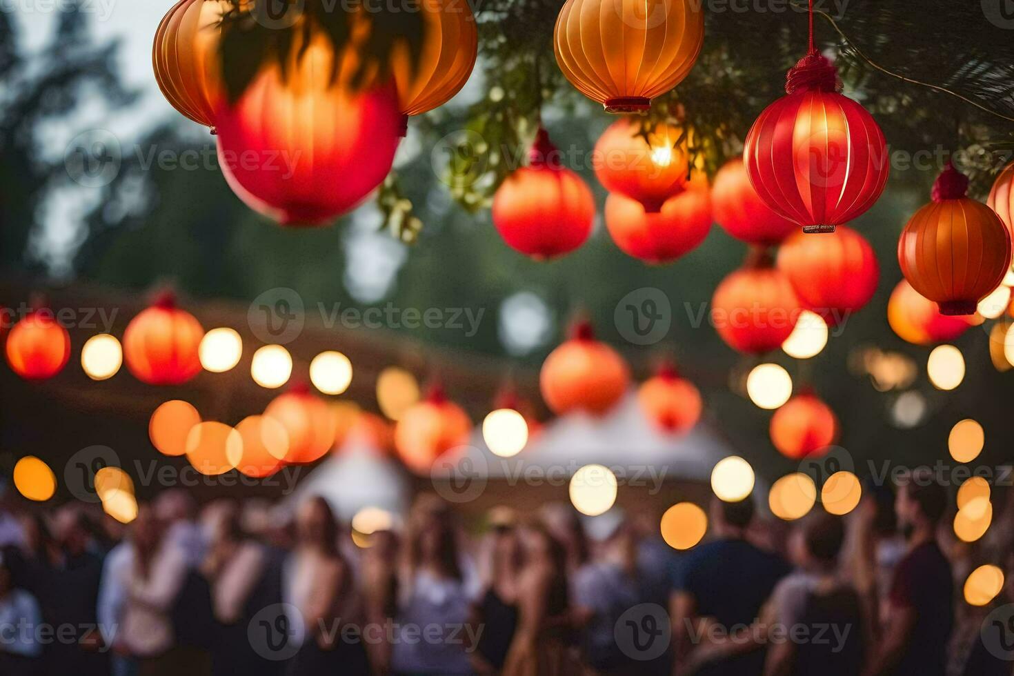 many people are gathered around red lanterns. AI-Generated photo