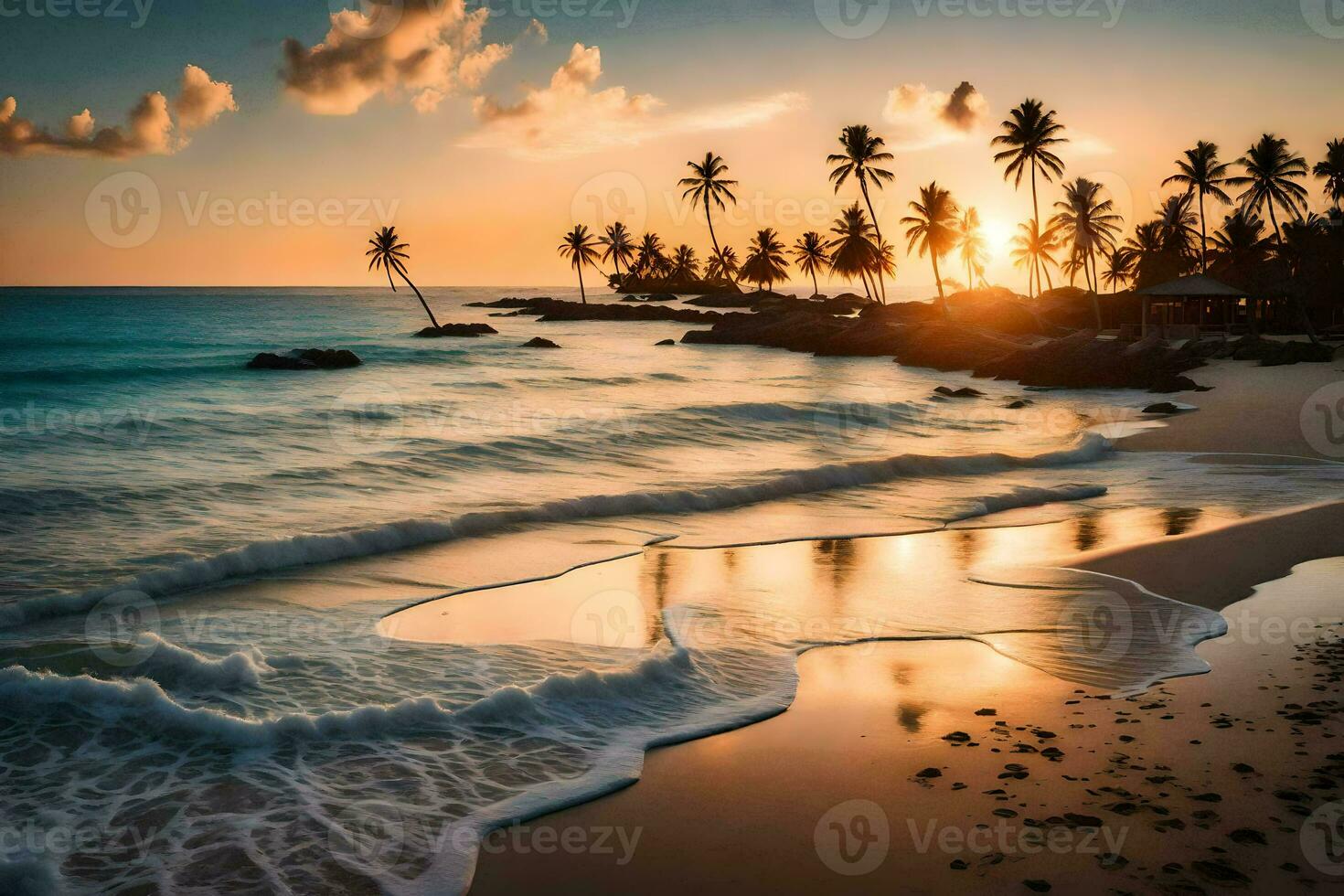the sun sets on the beach in dominican republic. AI-Generated photo
