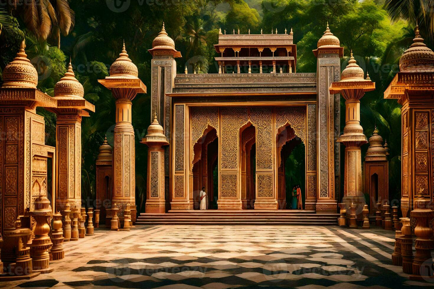 the entrance to a palace in the middle of a jungle. AI-Generated photo