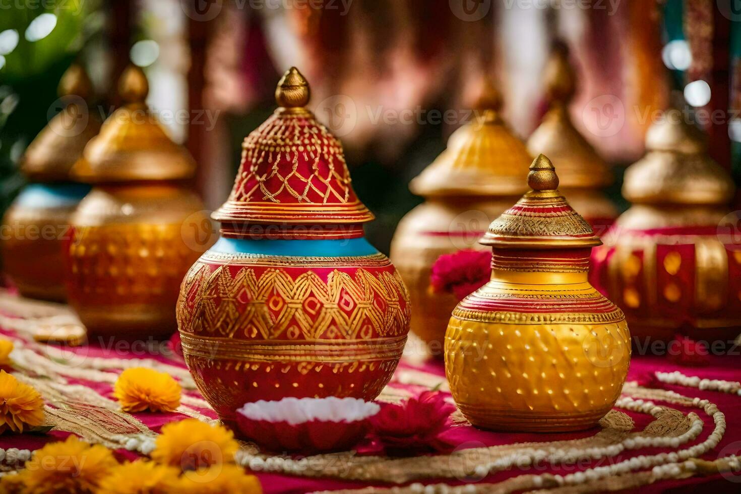 golden vases with colorful decorations on a red table. AI-Generated photo