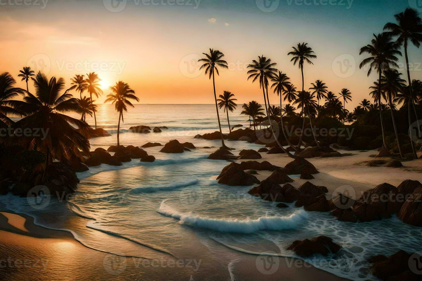 the beach at sunset with palm trees and rocks. AI-Generated photo