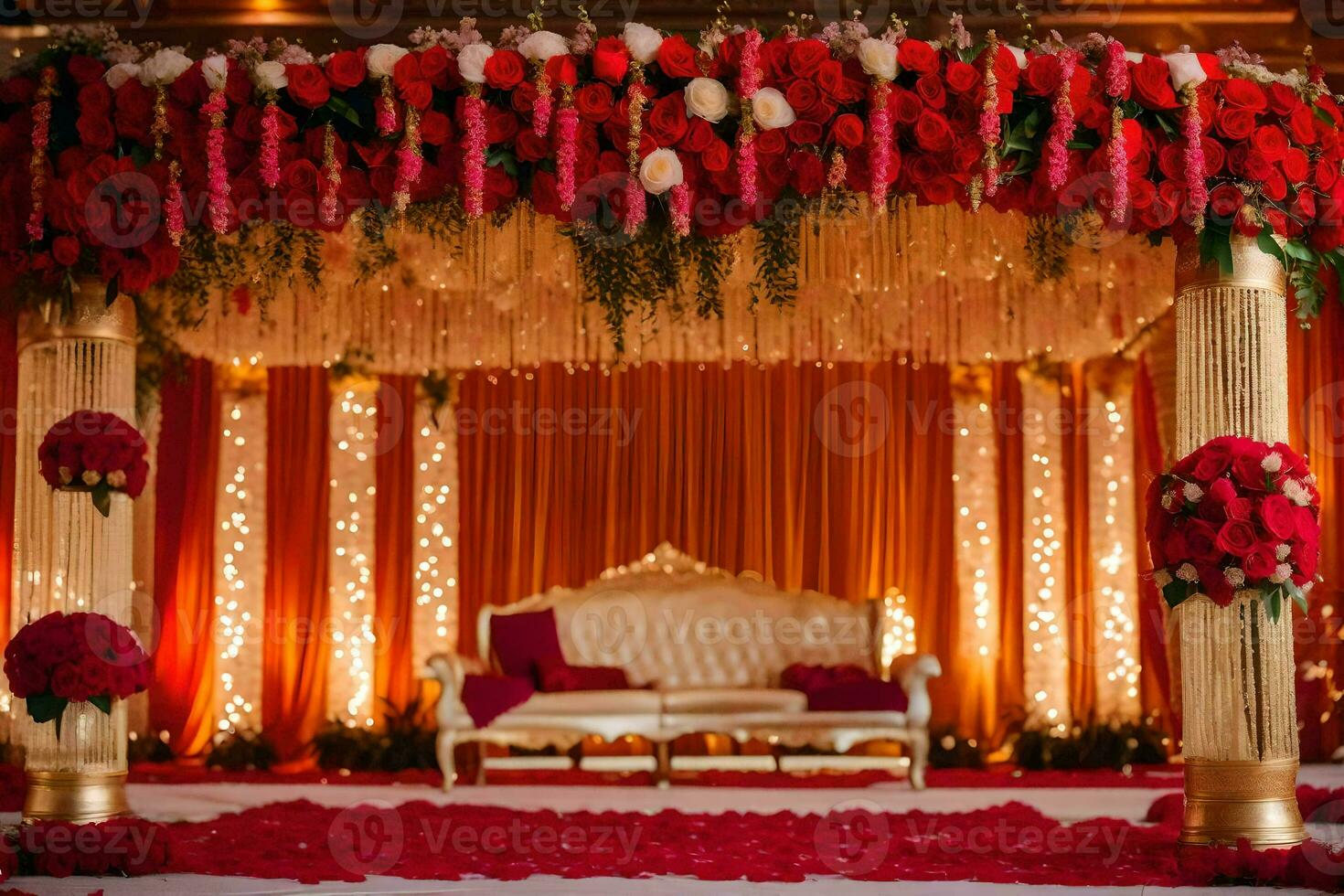 un indio Boda etapa decorado con rojo flores generado por ai foto