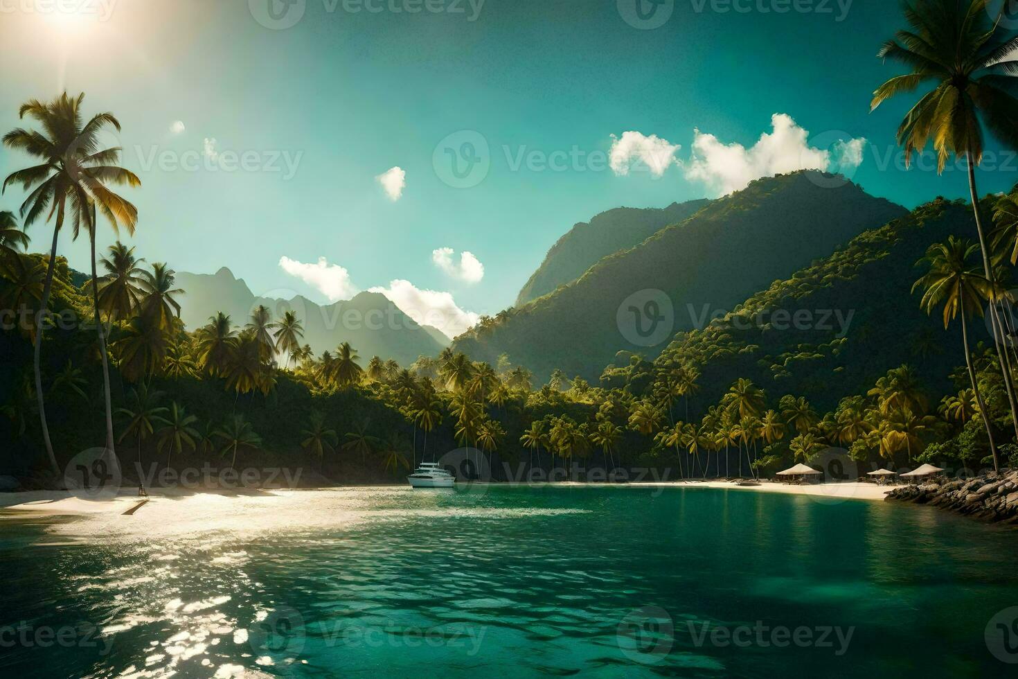 a tropical island with palm trees and water. AI-Generated photo