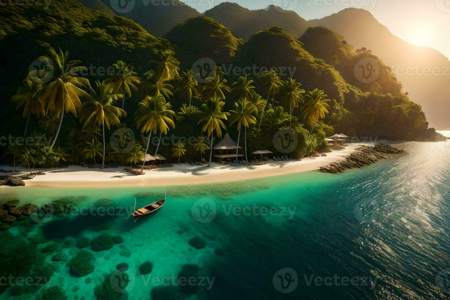 an island with palm trees and a boat in the water. AI-Generated photo