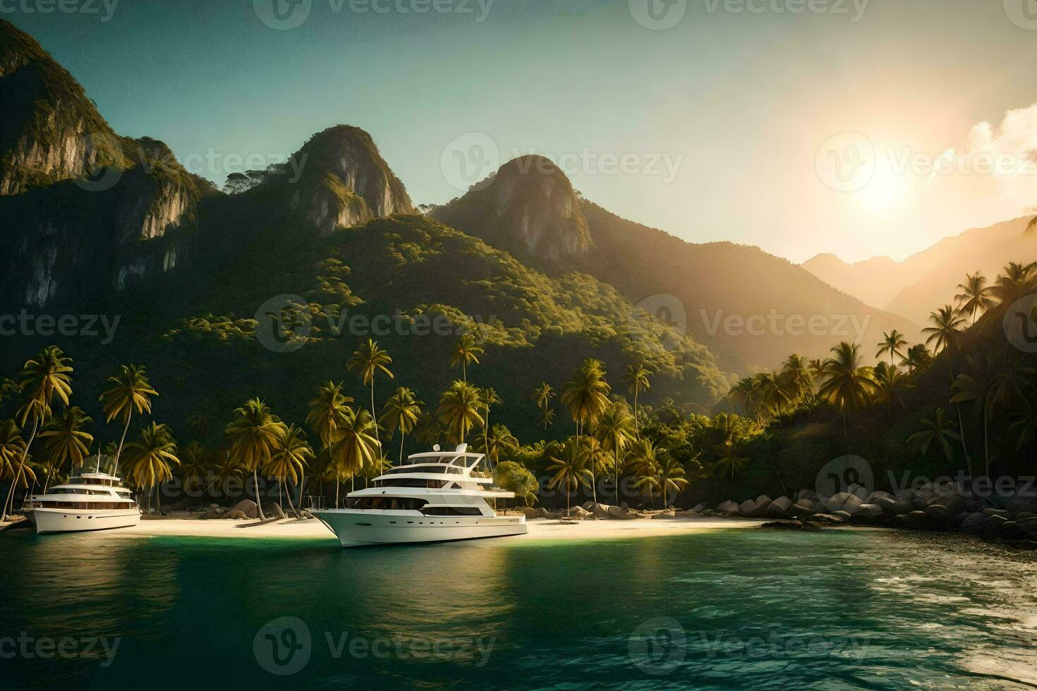 two boats in the ocean near a mountain range. AI-Generated photo