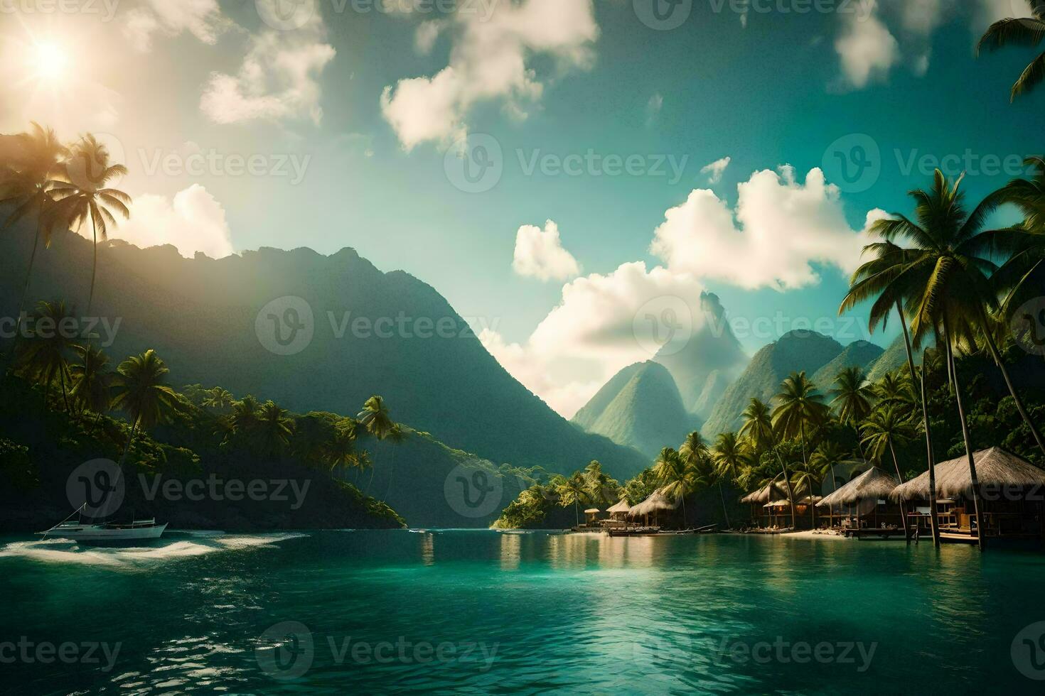 photo wallpaper the sky, water, mountains, palm trees, beach, water, mountains, palm. AI-Generated