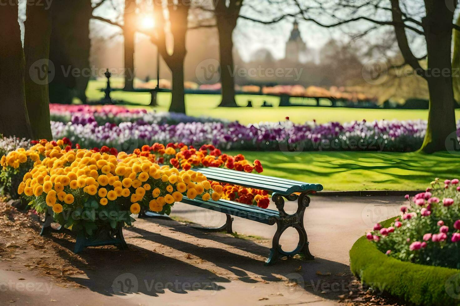 a park bench is surrounded by colorful flowers. AI-Generated photo