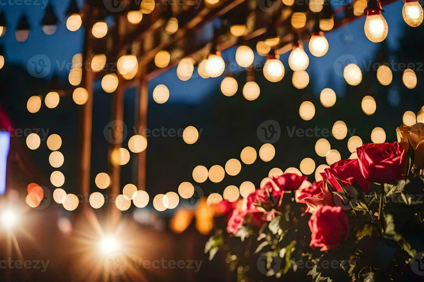 a group of roses in front of lights. AI-Generated photo