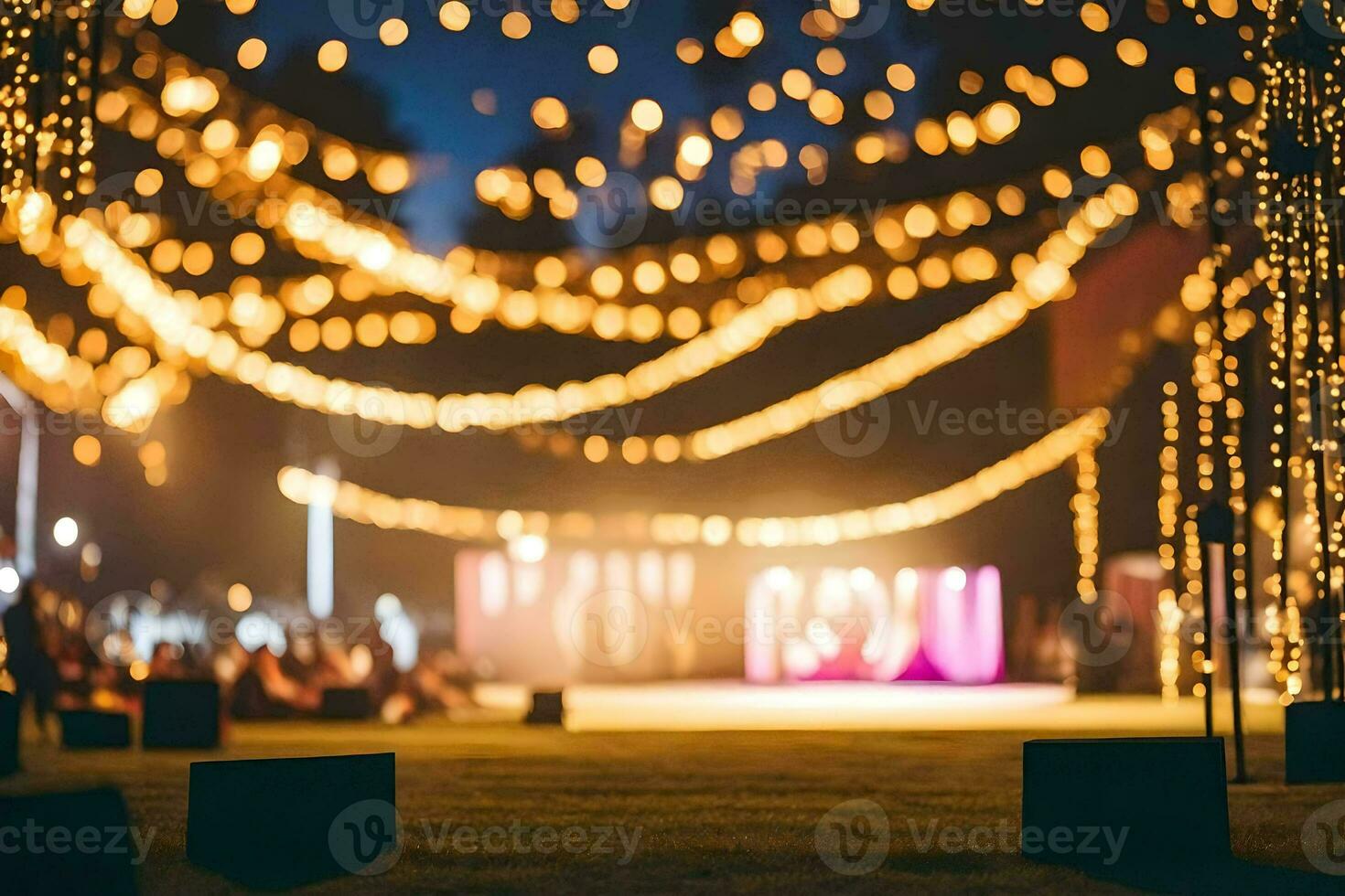 a wedding reception with lights and a stage. AI-Generated photo